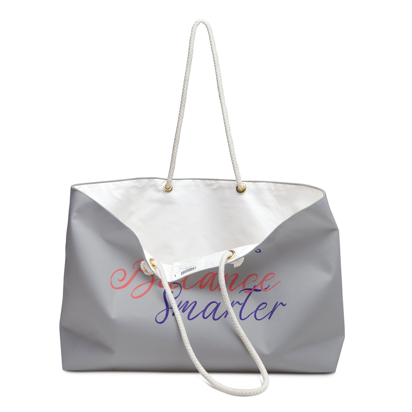 Gray tote bag with 'Be Nice, Smile' text on a white background