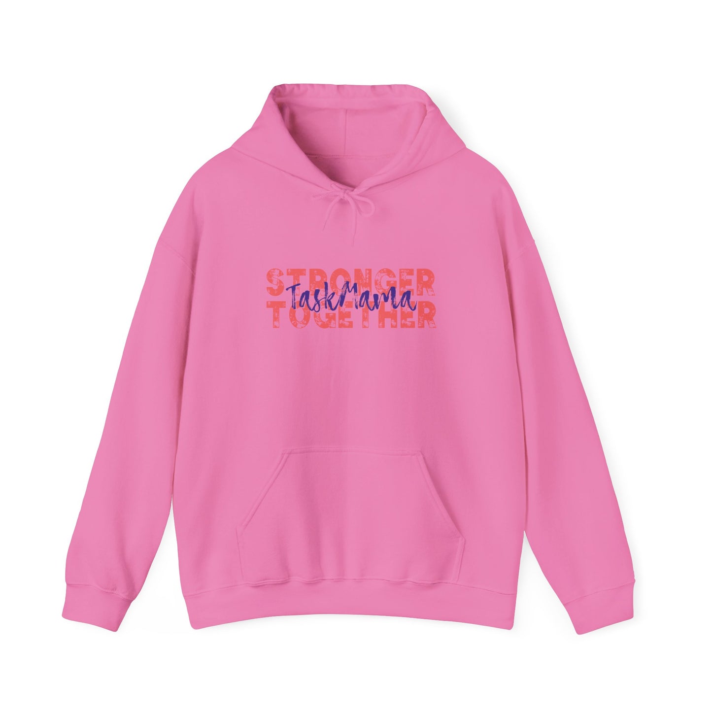 Pink hoodie with text 'Stronger Together' on a white background