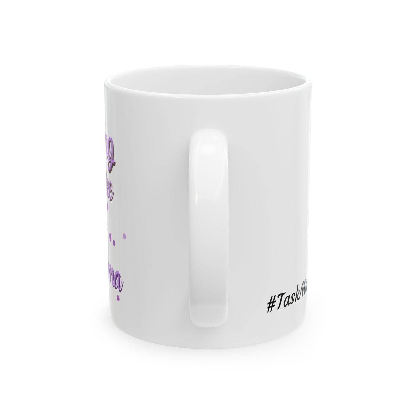 White mug with text on a white background