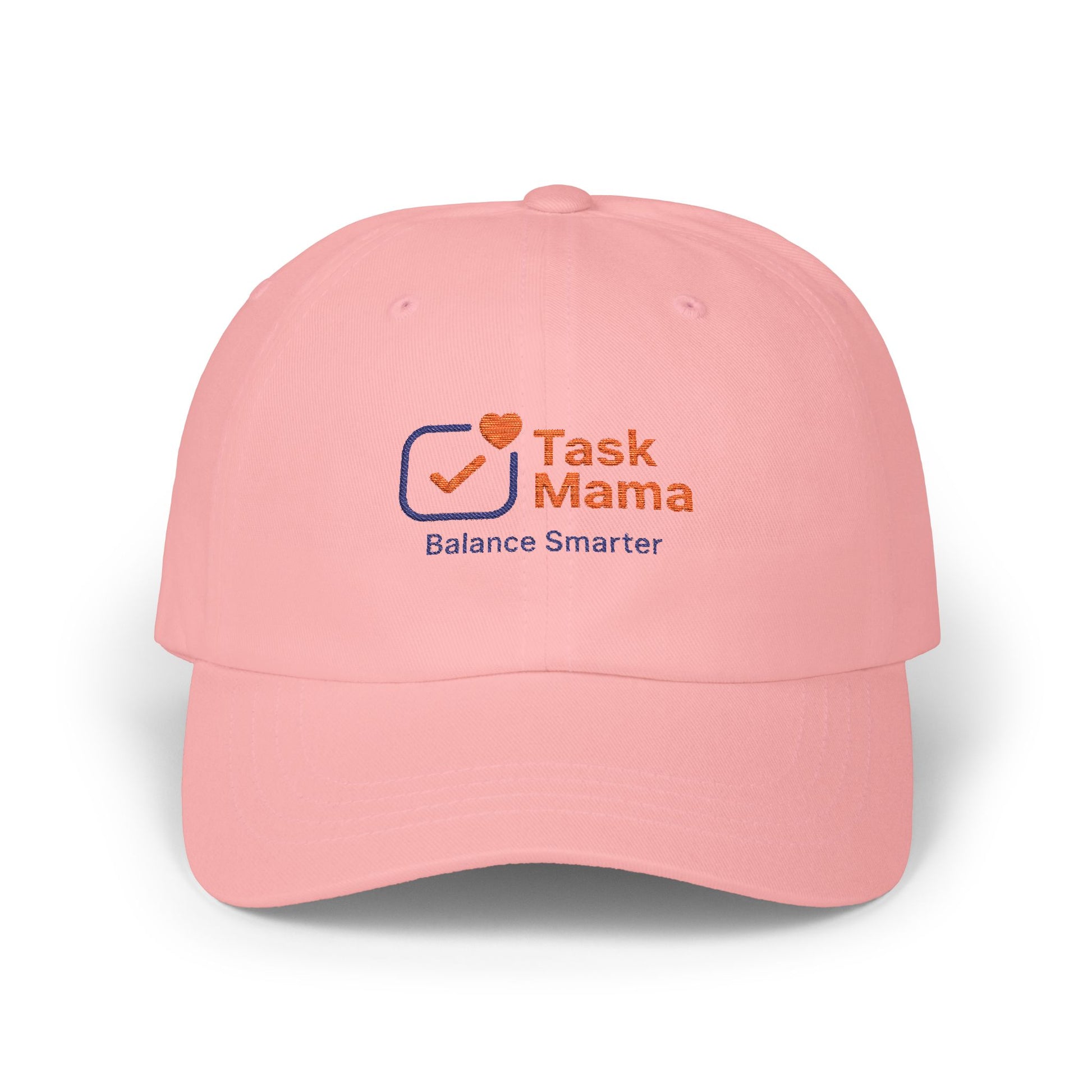 Pink cap with 'Task Mama' logo on a white background