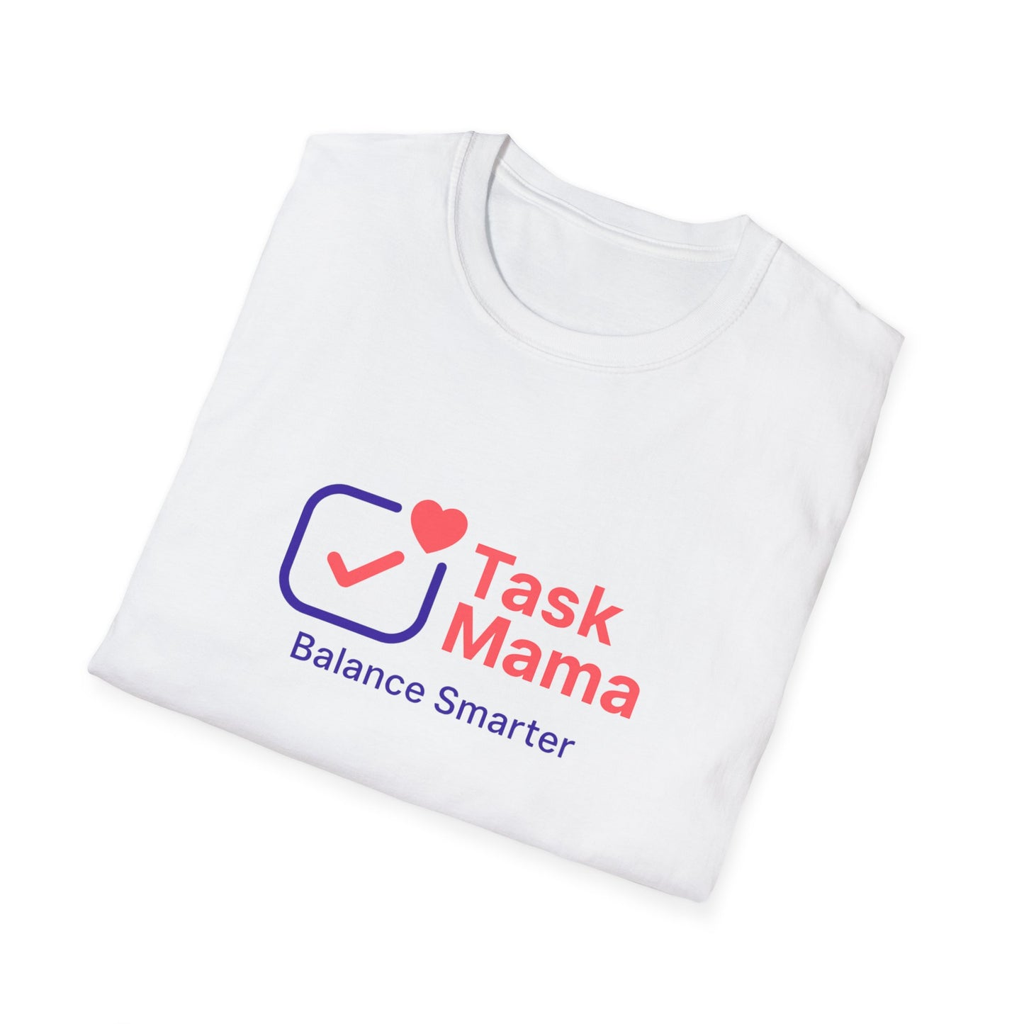 White t-shirt with 'Task Mama' logo on a white background