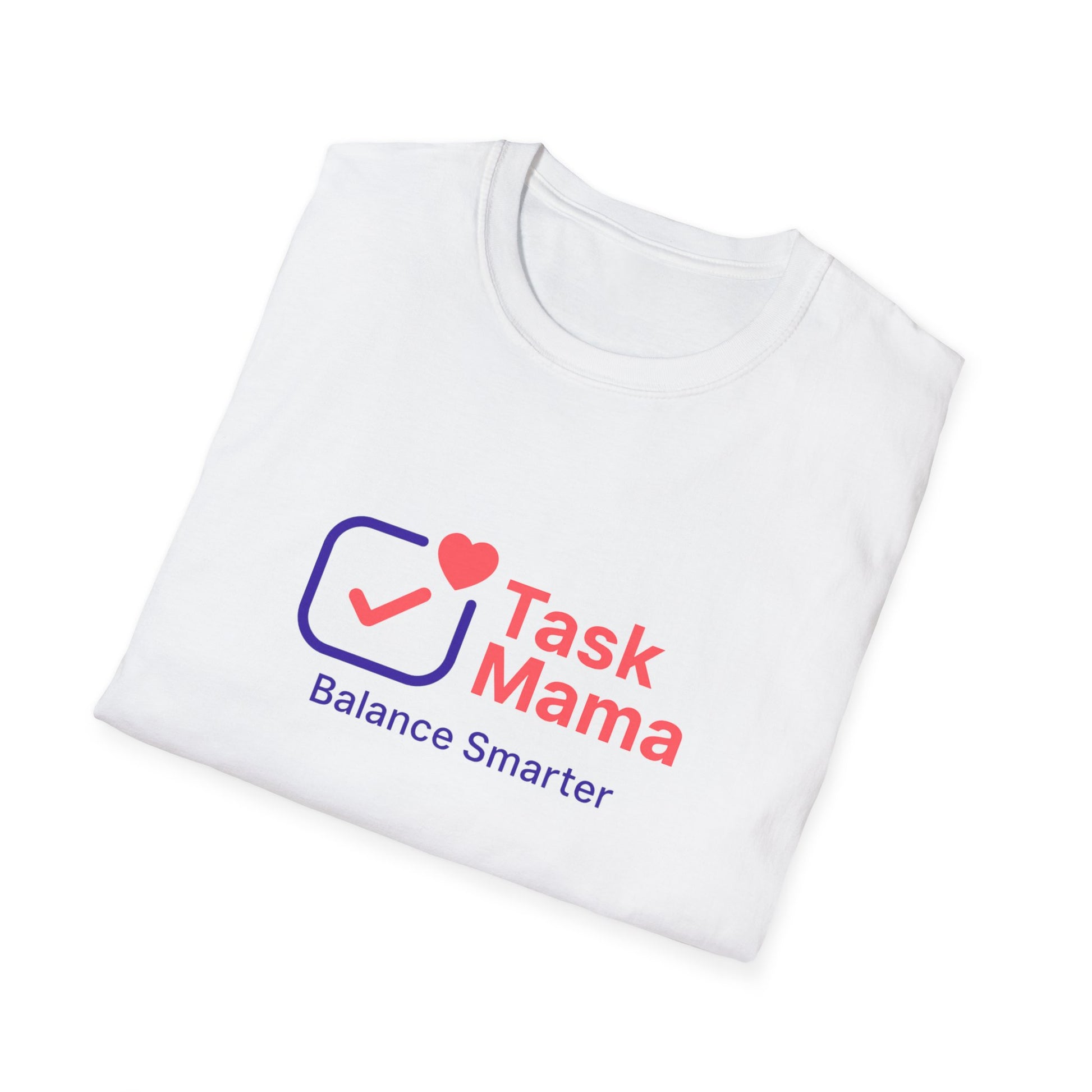 White t-shirt with 'Task Mama' logo on a white background