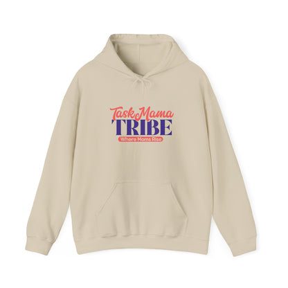 Beige hoodie with 'Task Mama Tribe' text on a white background