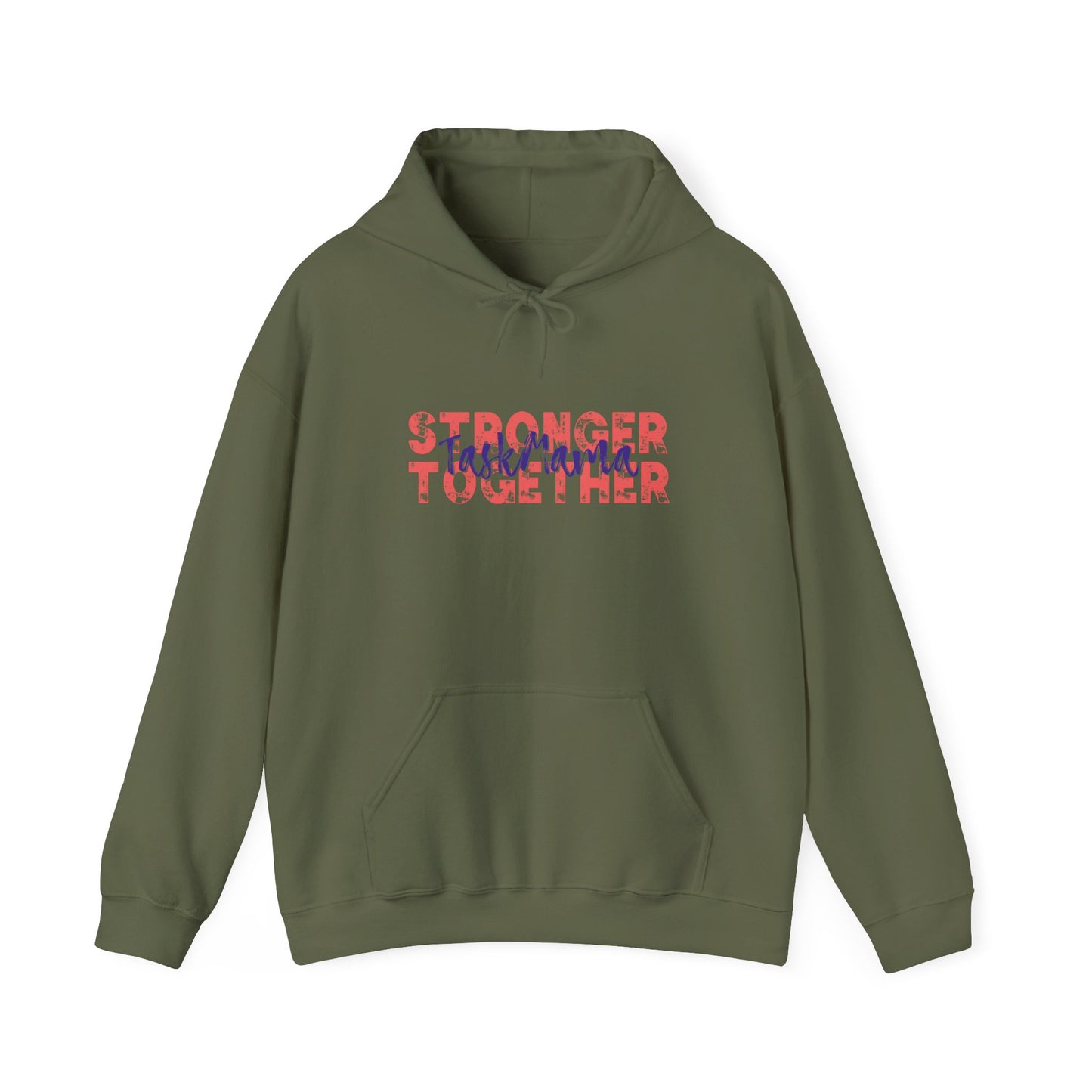 Green hoodie with 'Stronger Together' text on a white background