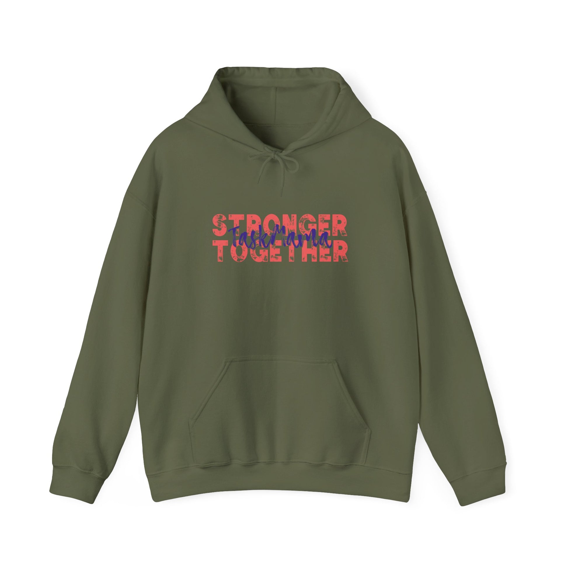 Green hoodie with 'Stronger Together' text on a white background