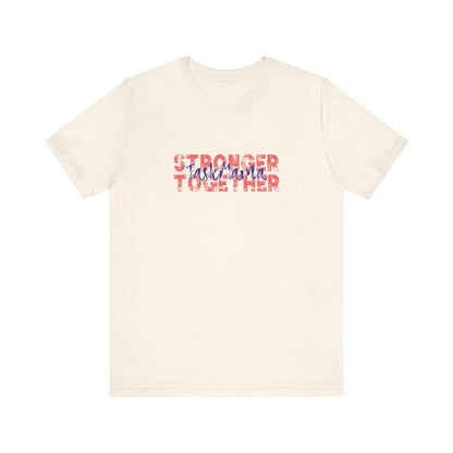 Beige t-shirt with 'Stronger Together' text in red and blue on a white background