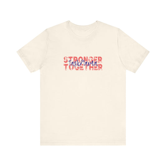 Beige t-shirt with 'Stronger Together' text in red and blue on a white background