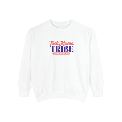 White sweatshirt with 'TaskMama TRIBE' text on a white background