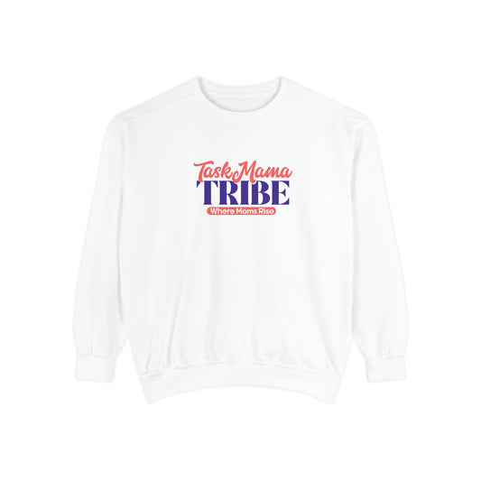White sweatshirt with 'TaskMama TRIBE' text on a white background