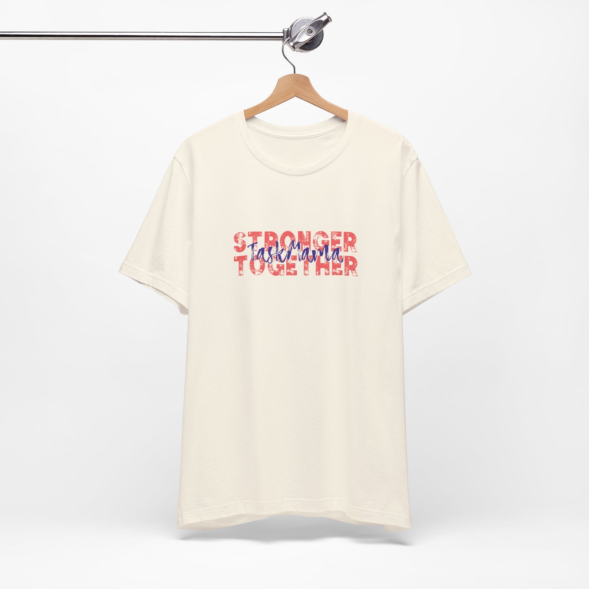 White t-shirt with 'Stronger Together' text on a hanger against a white background