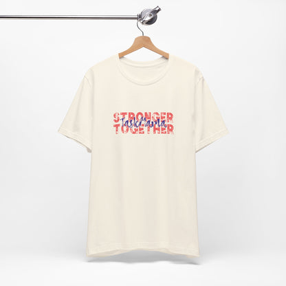White t-shirt with 'Stronger Together' text on a hanger against a white background