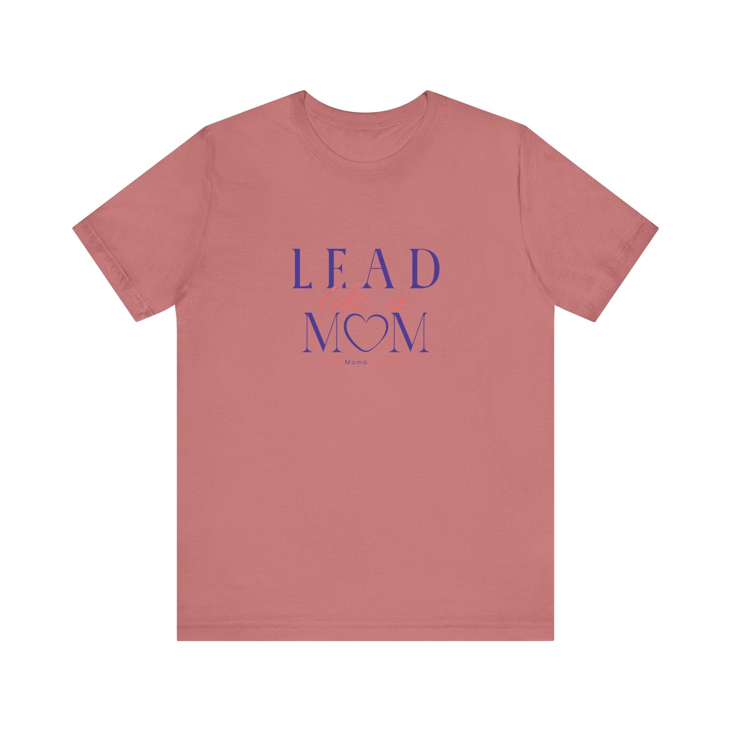 Pink t-shirt with 'L.E.A.D MOM' text in purple on a white background