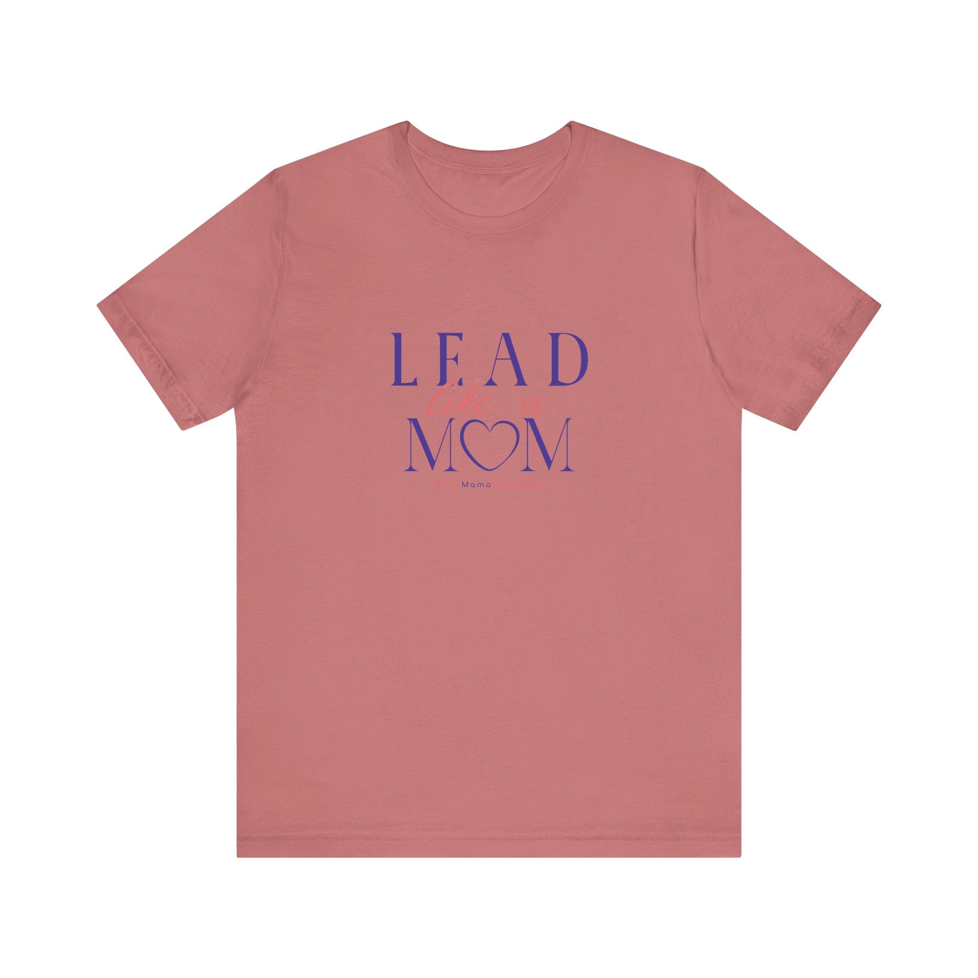 Pink t-shirt with 'L.E.A.D MOM' text in purple on a white background