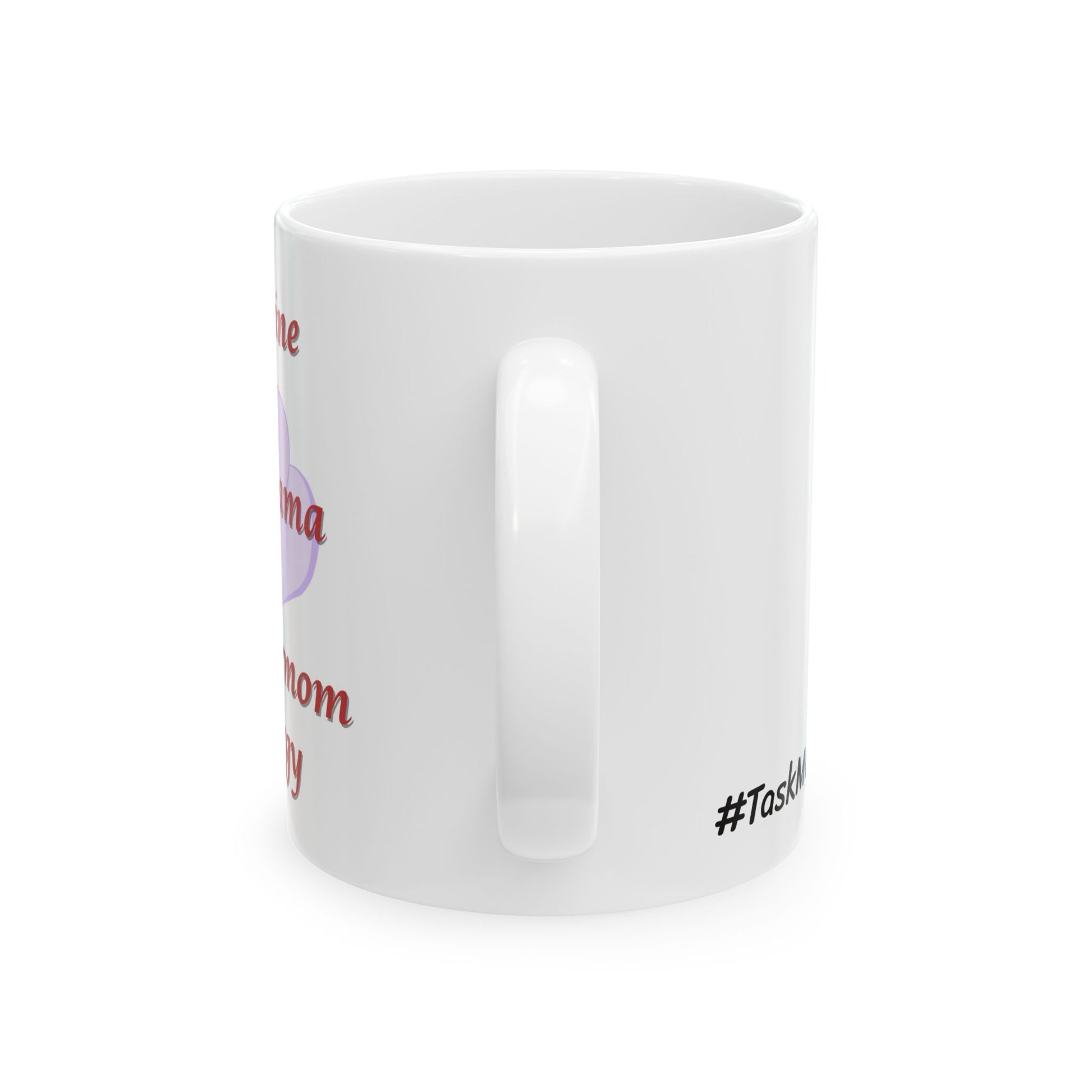 White mug with text and a logo on a white background