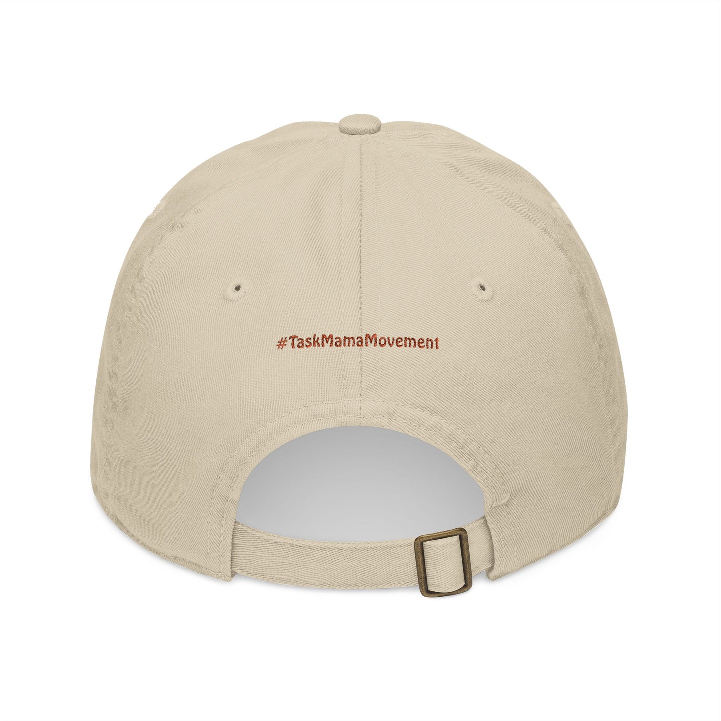 Beige cap with '#TaskMamaMovement' text on a white background