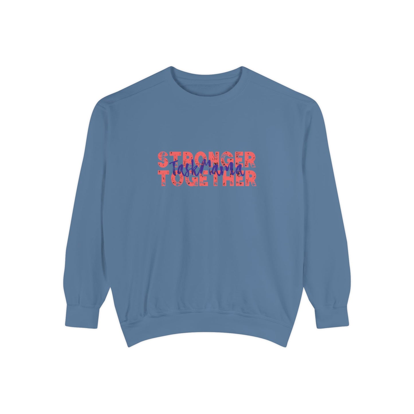 Blue sweatshirt with motivational text on a white background
