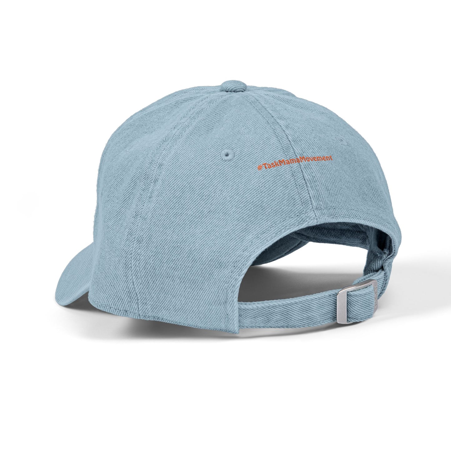 Blue cap with a logo on the back against a white background