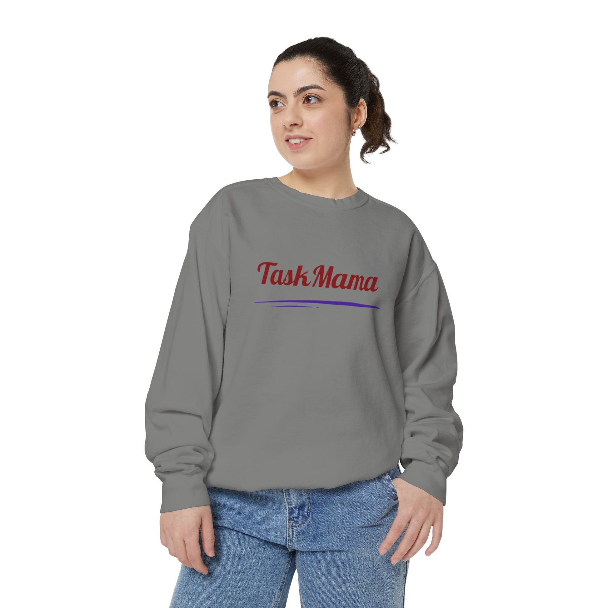 Woman wearing a gray sweatshirt with 'Task Mama' text on a white background