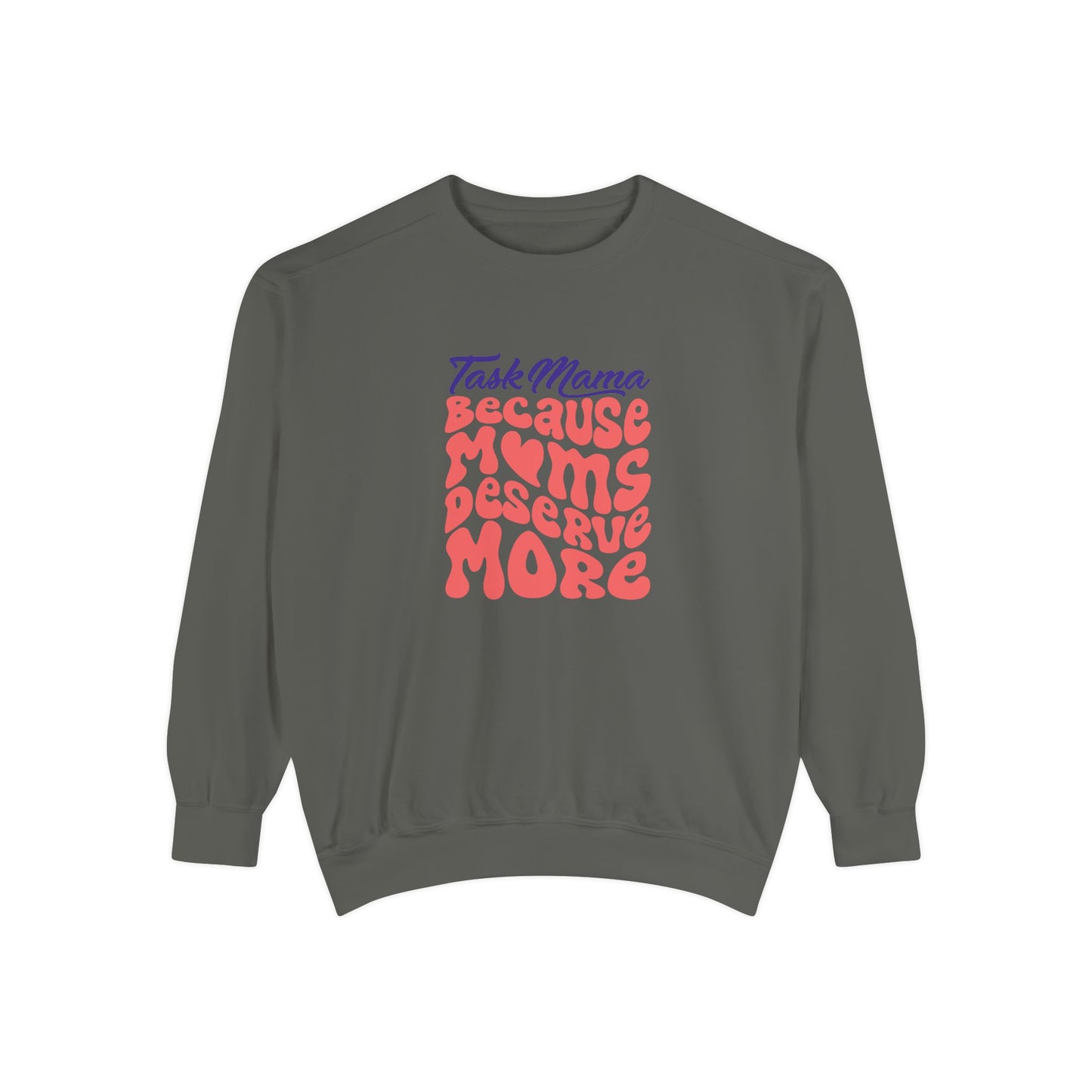 Gray sweatshirt with colorful text on a white background