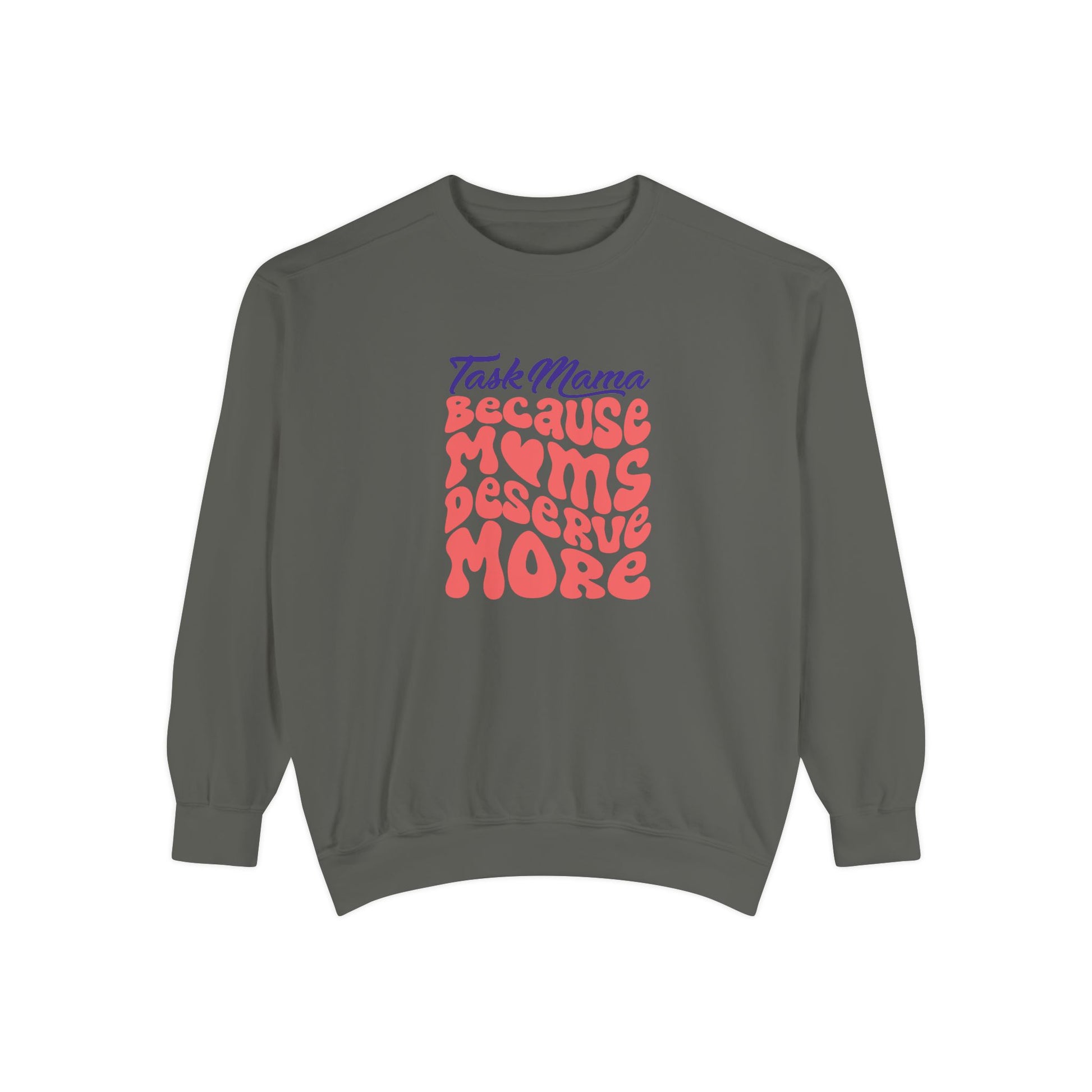 Gray sweatshirt with colorful text on a white background