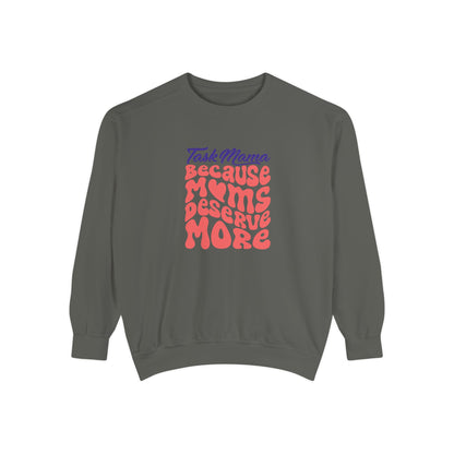 Gray sweatshirt with colorful text on a white background
