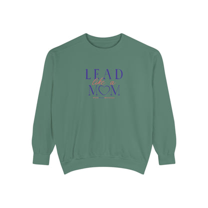 Green sweatshirt with 'Lead Like a Mom' text on a white background