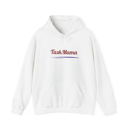 White hoodie with 'Task Mama' text on a white background