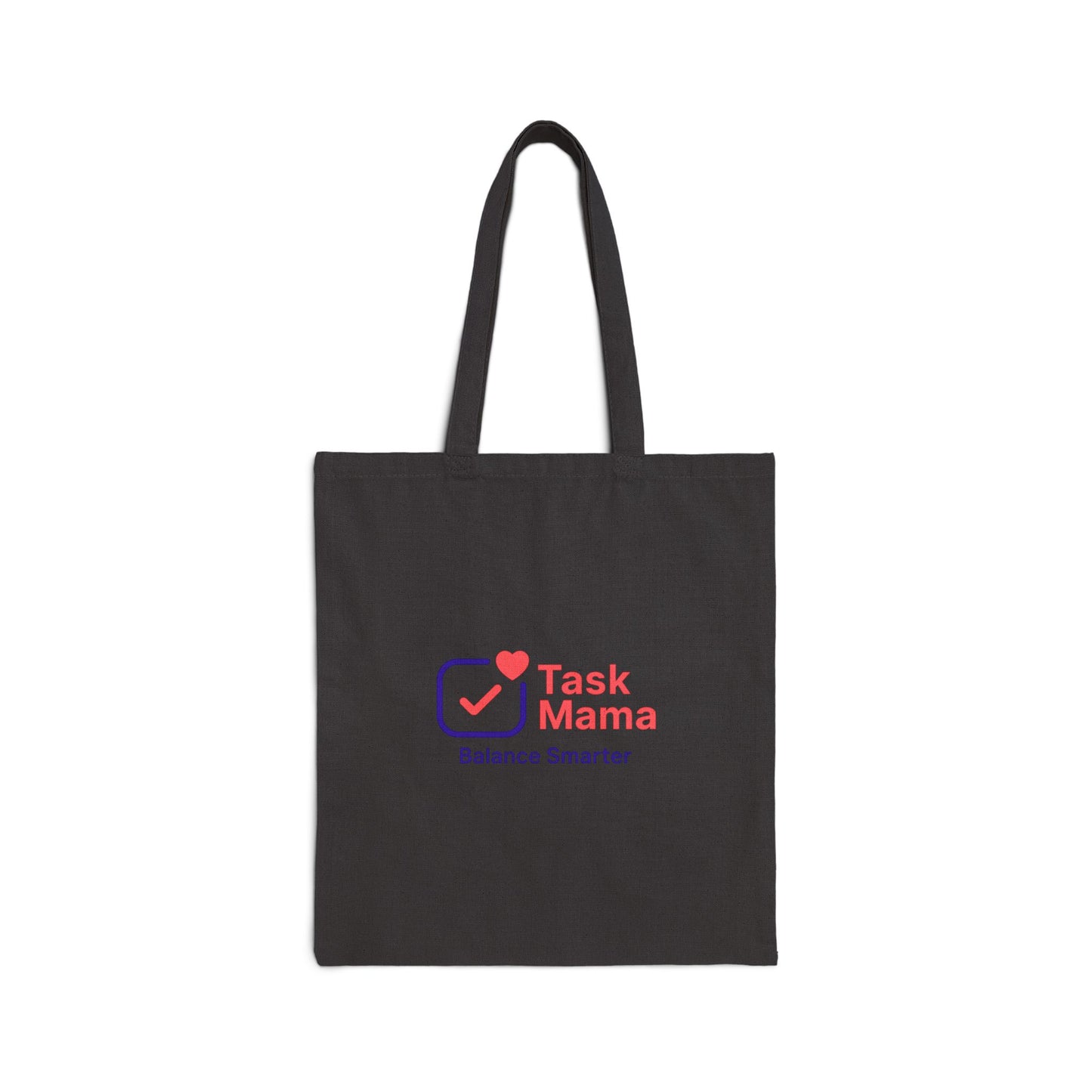 Black tote bag with 'Task Mama' logo on a white background