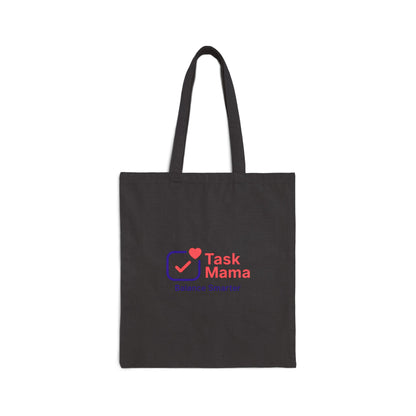 Black tote bag with 'Task Mama' logo on a white background