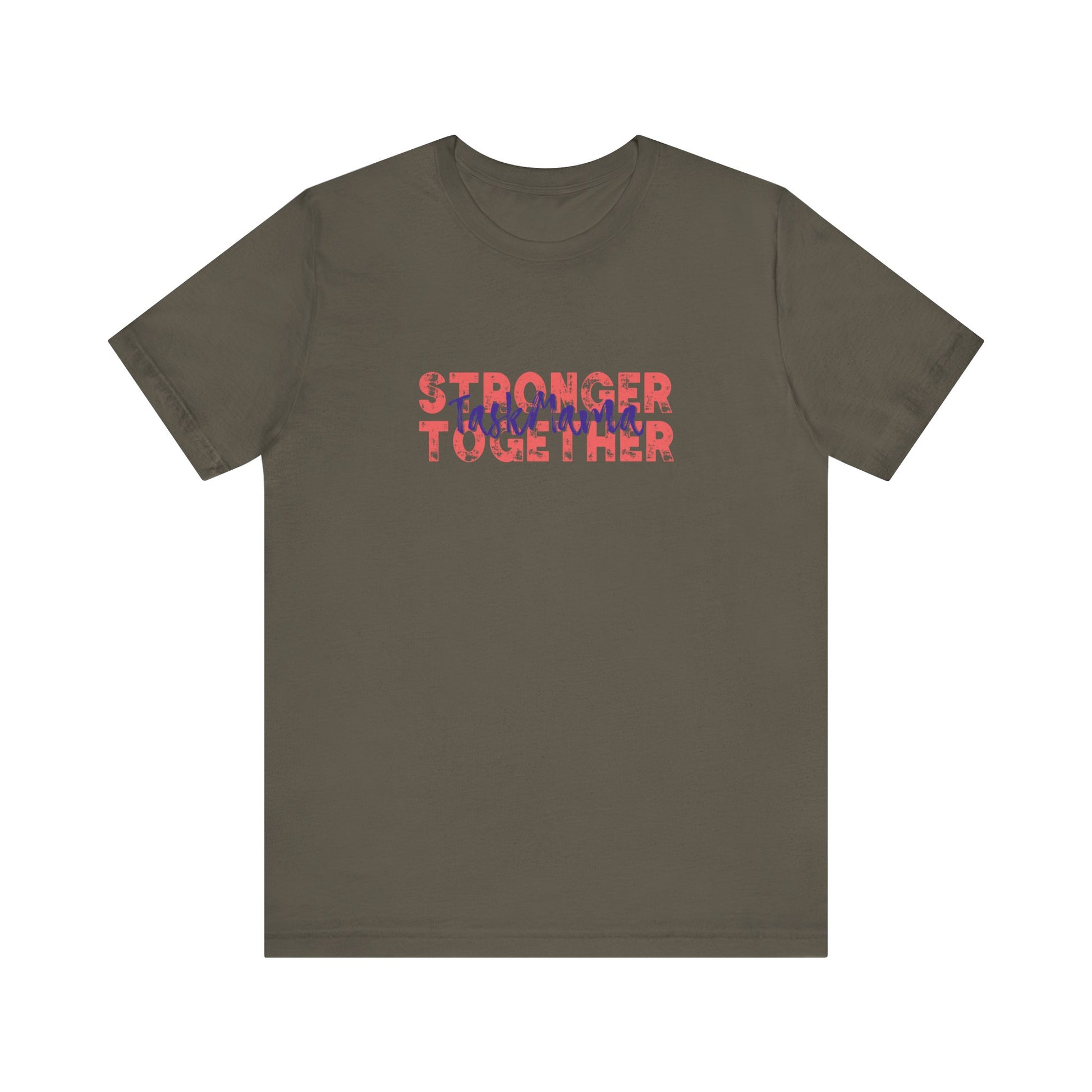 Brown t-shirt with 'Stronger Together' text in red and pink on a white background