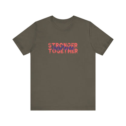 Brown t-shirt with 'Stronger Together' text in red and pink on a white background