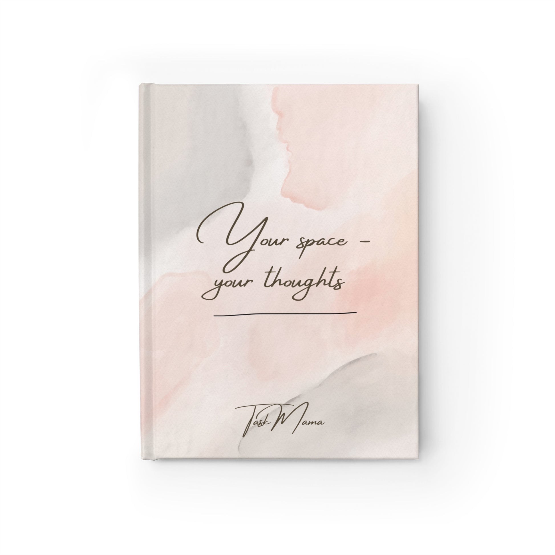 Notebook with 'Your space, your thoughts' text on a soft pink and beige watercolor background