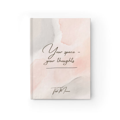 Notebook with 'Your space, your thoughts' text on a soft pink and beige watercolor background