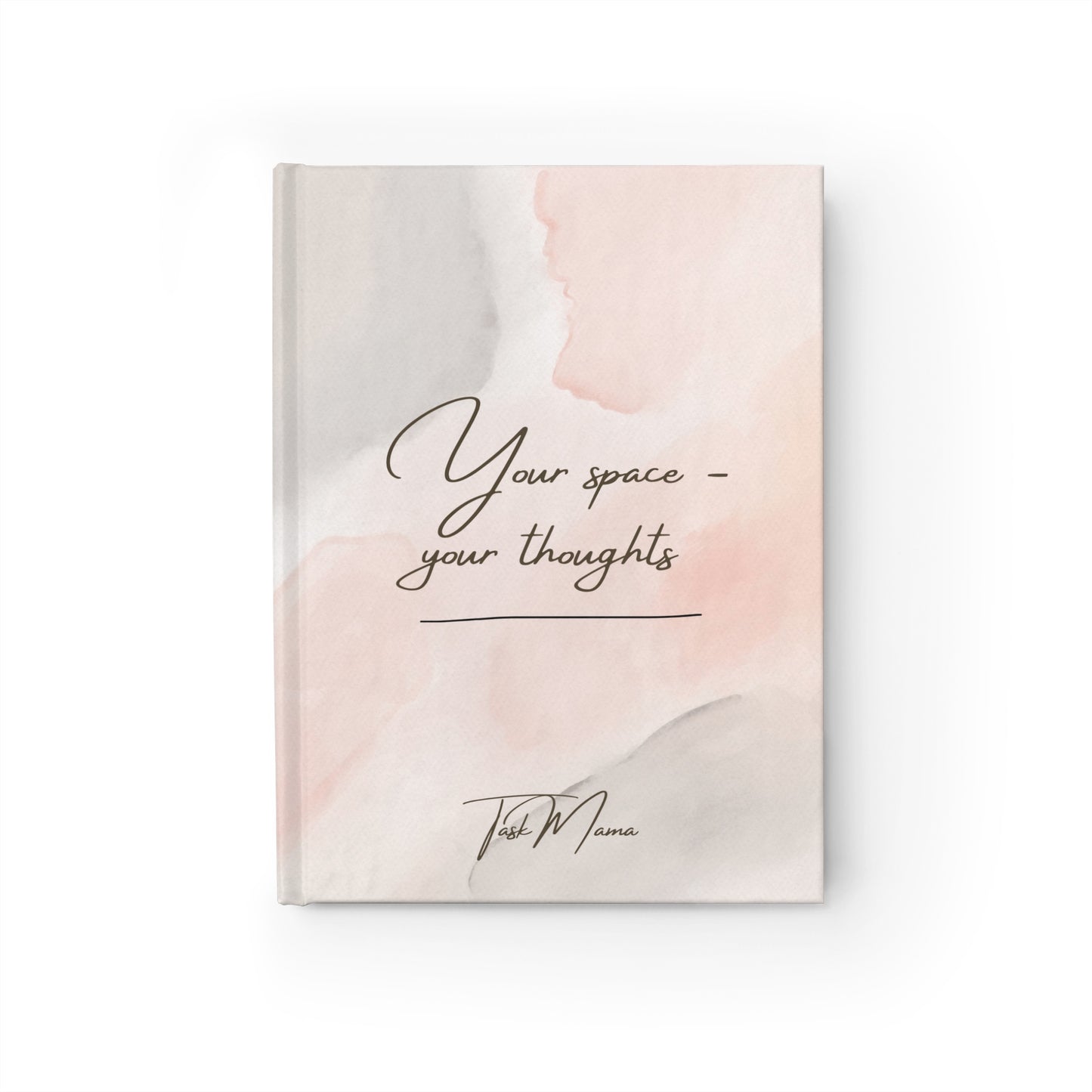 Notebook with 'Your space, your thoughts' text on a soft pink and beige watercolor background