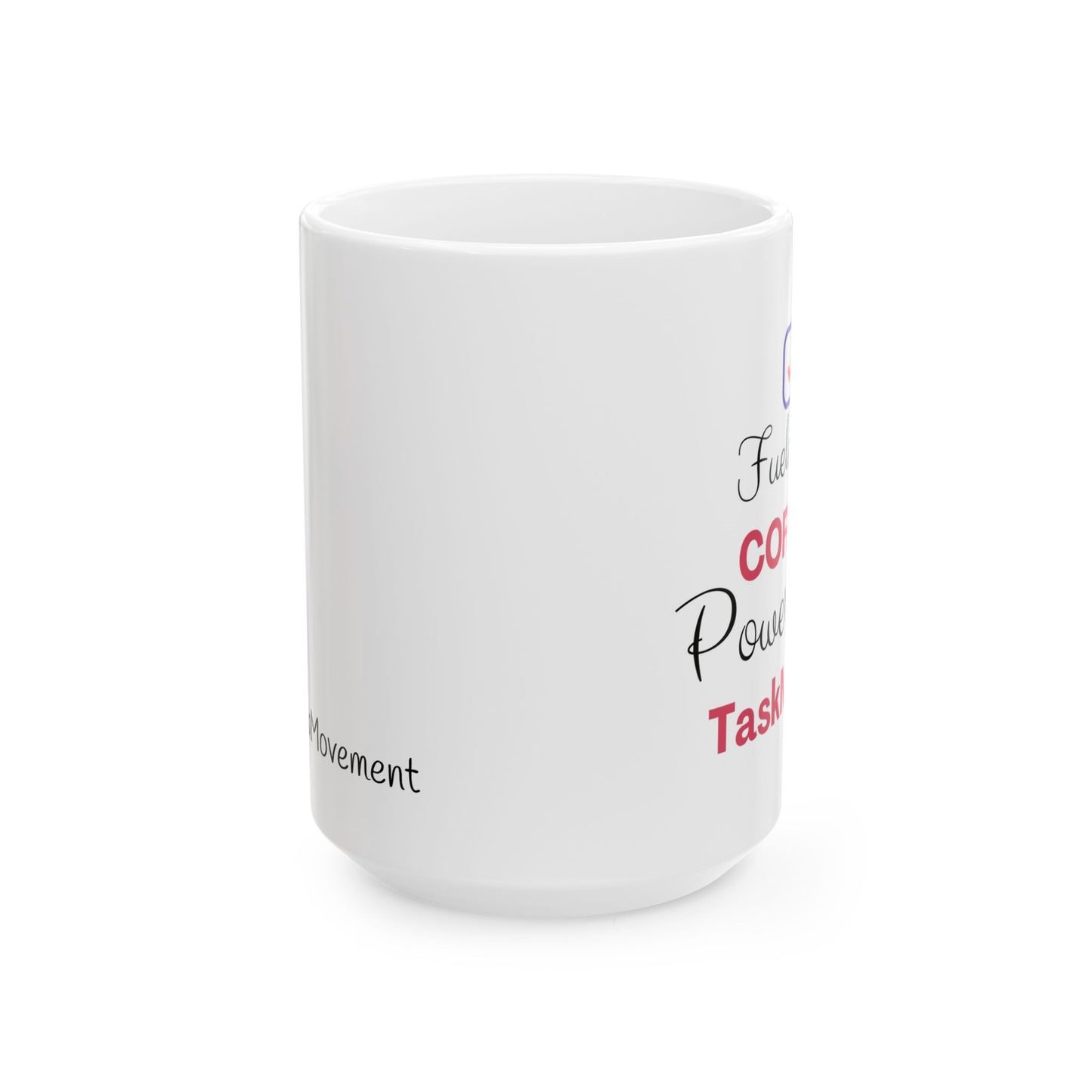 White mug with text on a white background
