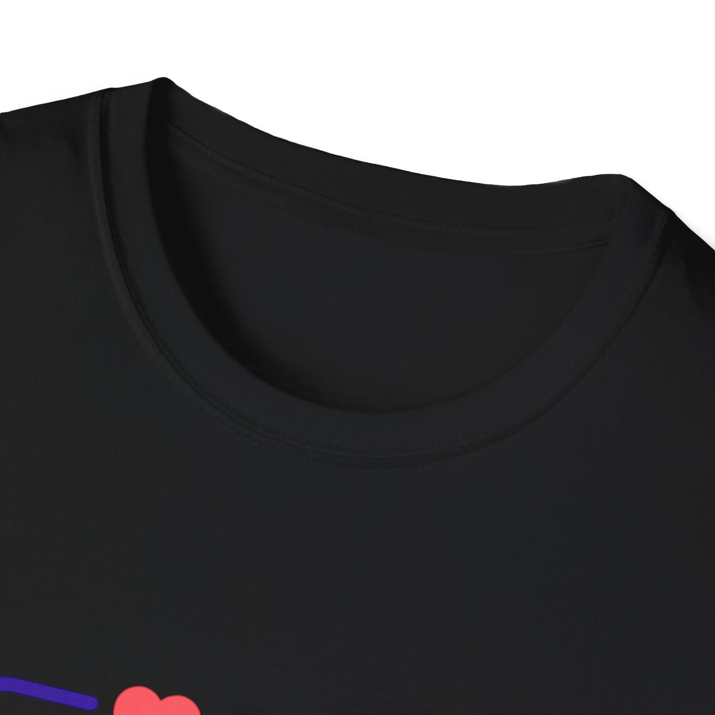 Close-up of a black t-shirt with colorful design elements.