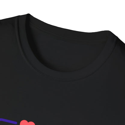Close-up of a black t-shirt with colorful design elements.