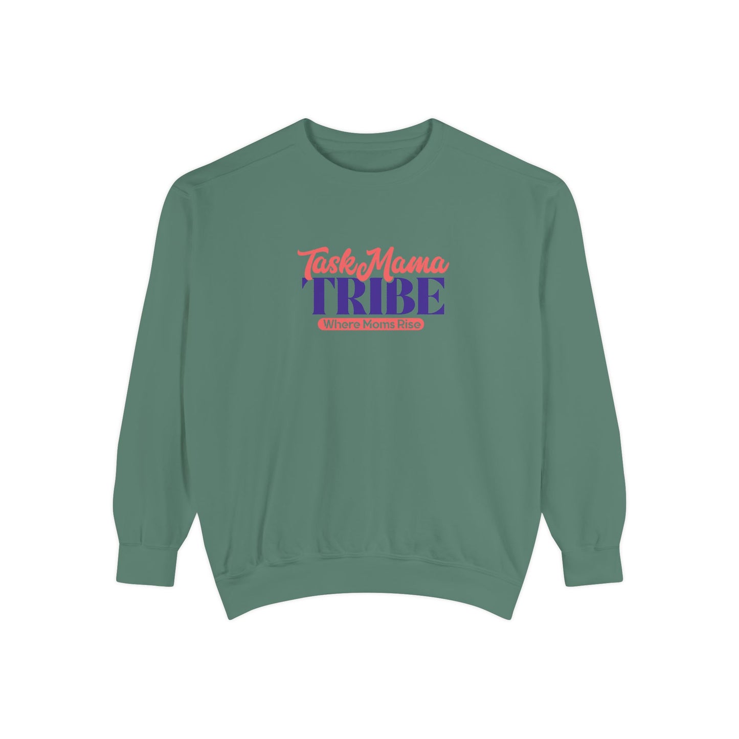 Green sweatshirt with 'TaskMama TRIBE' text on a white background