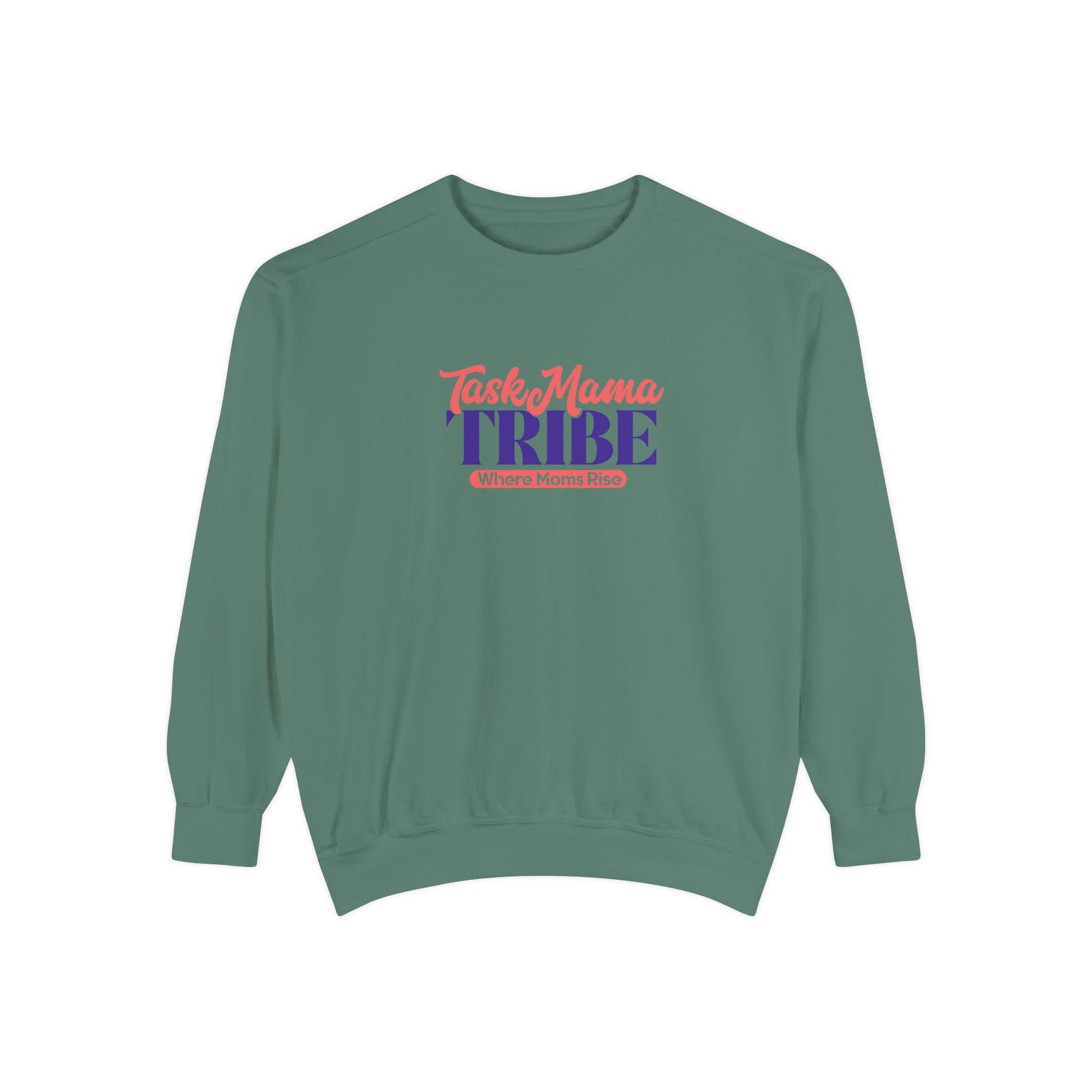 Green sweatshirt with 'TaskMama TRIBE' text on a white background