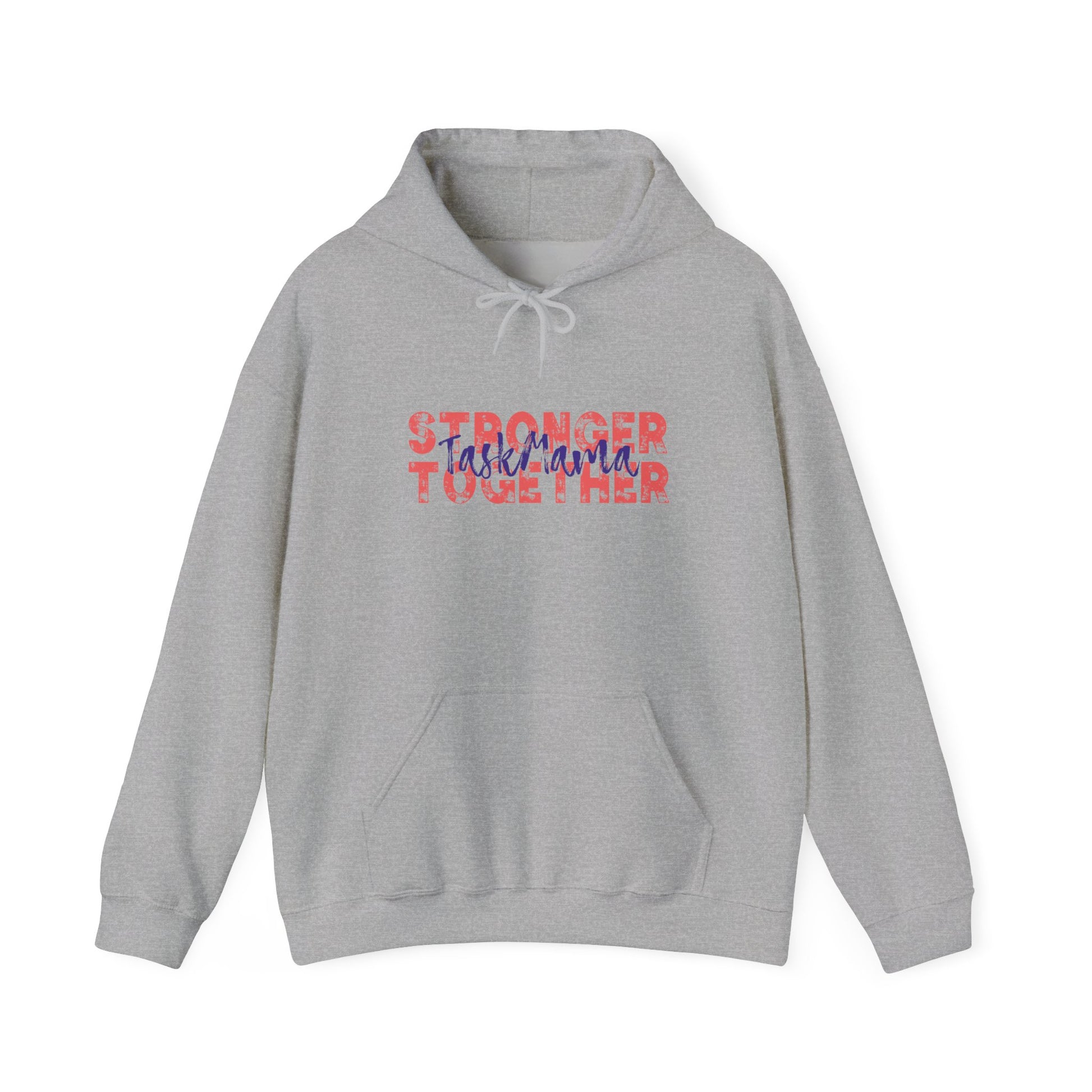 Gray hoodie with 'Stronger Together' text on a white background