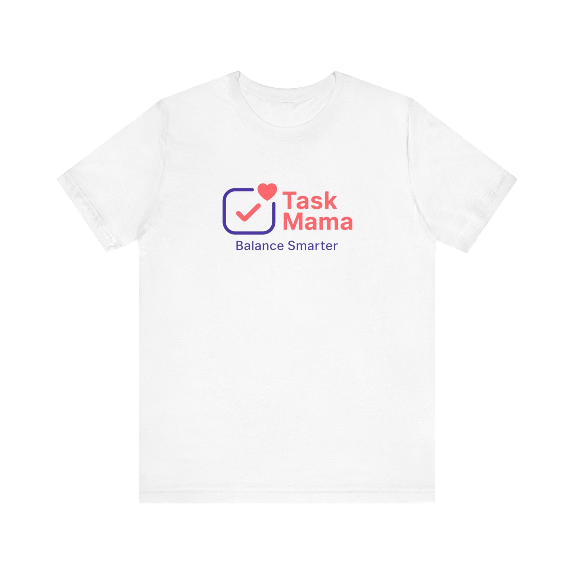 White t-shirt with 'Task Mama' logo on a white background