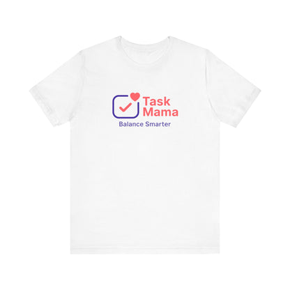 White t-shirt with 'Task Mama' logo on a white background