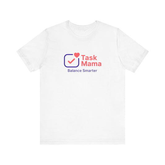 White t-shirt with 'Task Mama' logo on a white background