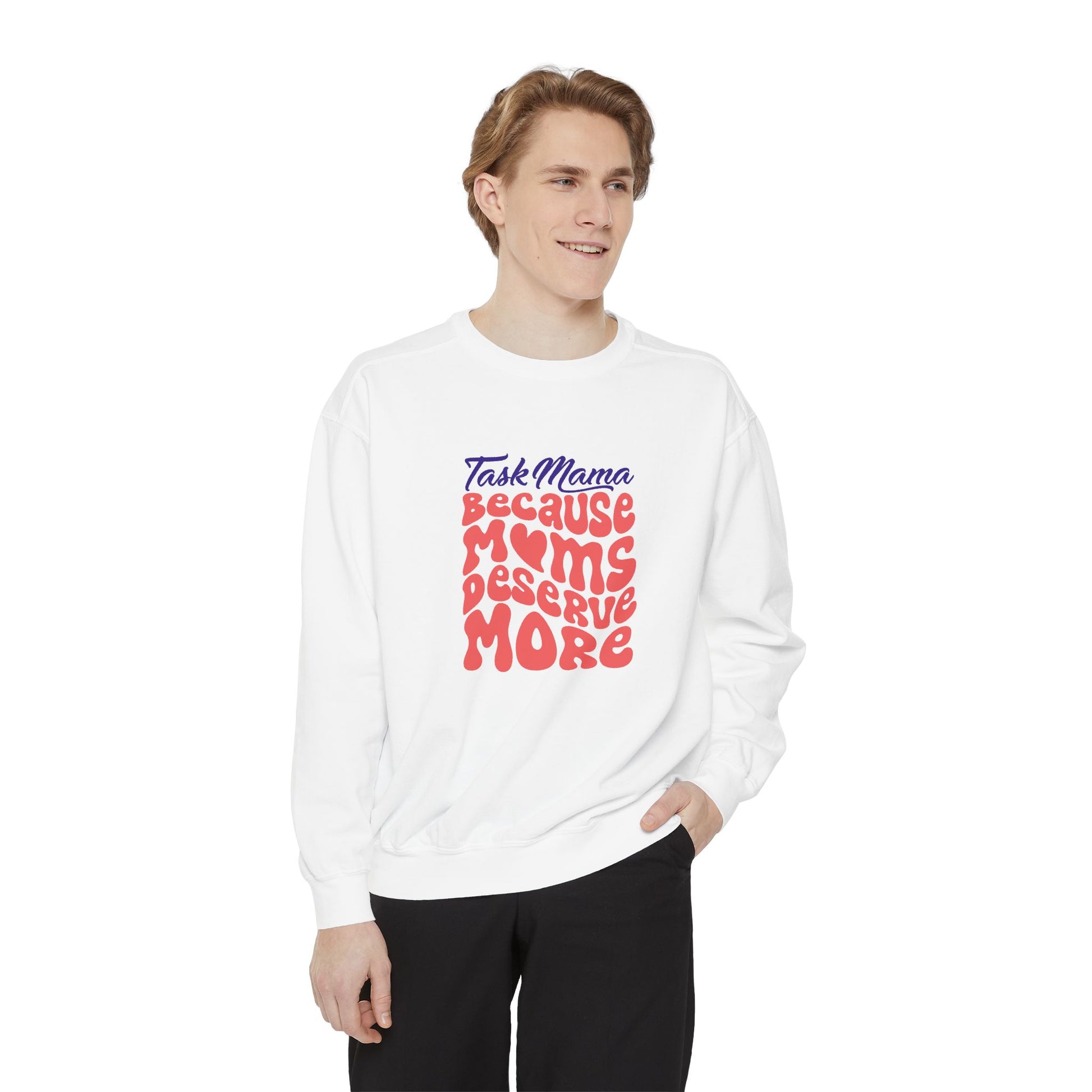 Person wearing a white sweatshirt with text on a white background