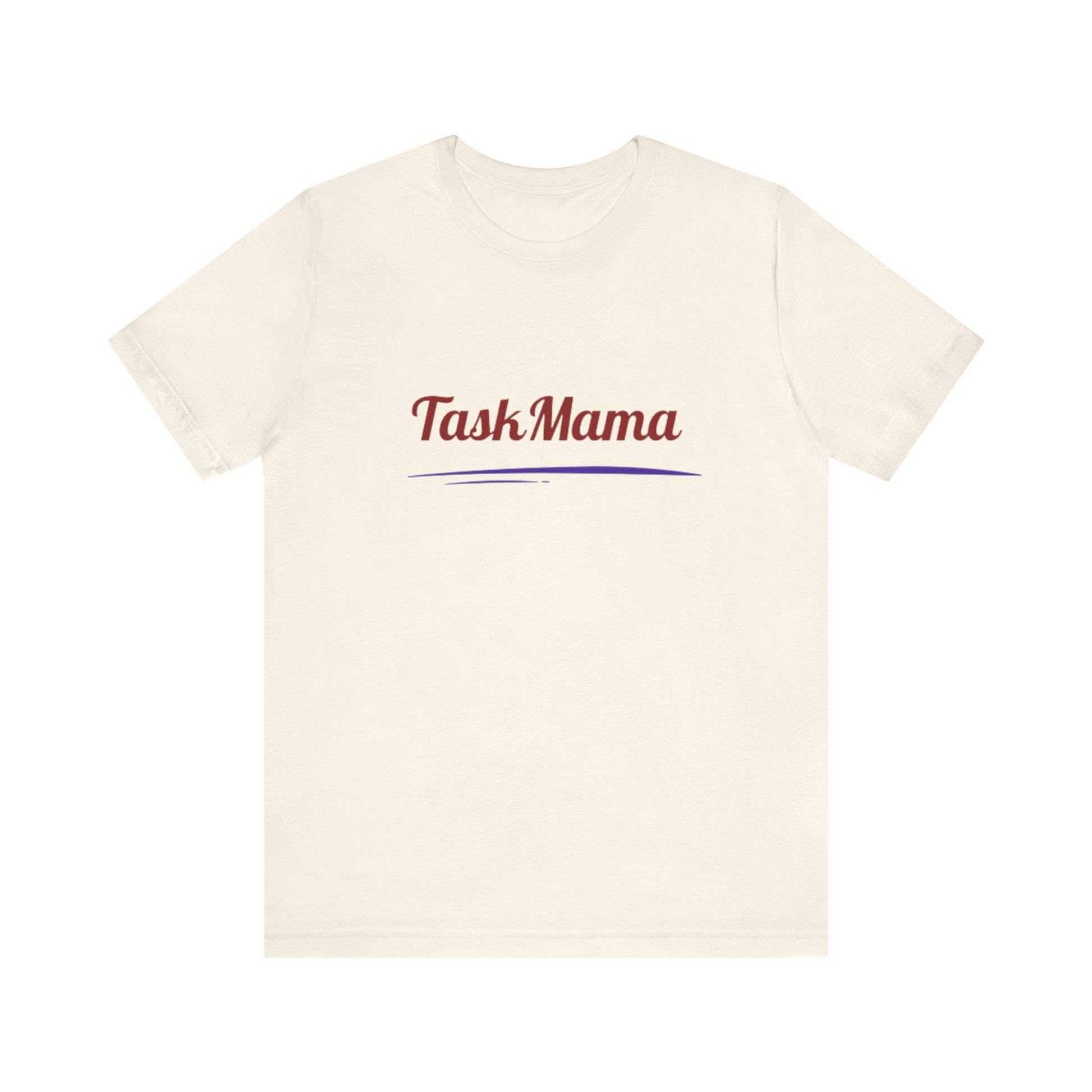 Beige t-shirt with 'Task Mama' text on a white background