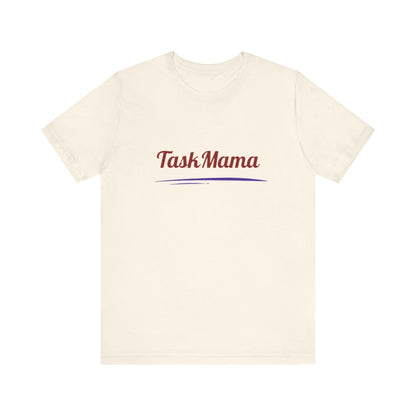 Beige t-shirt with 'Task Mama' text on a white background
