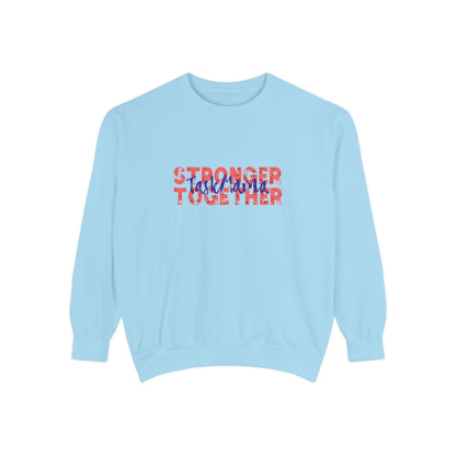 Light blue sweatshirt with text 'Stronger Together' on a white background