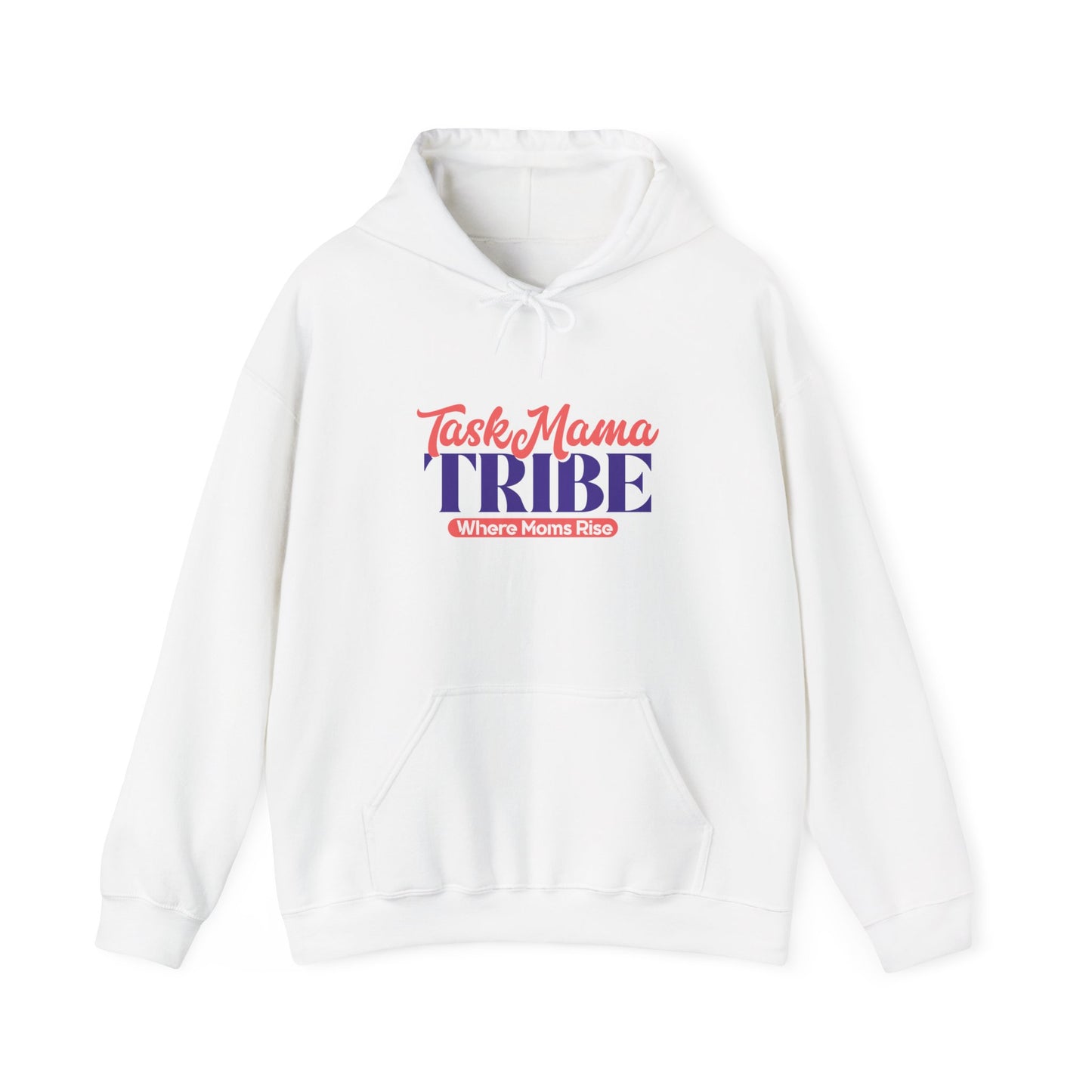 White hoodie with 'Task Mama Tribe' text on a white background