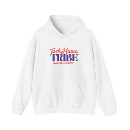 White hoodie with 'Task Mama Tribe' text on a white background