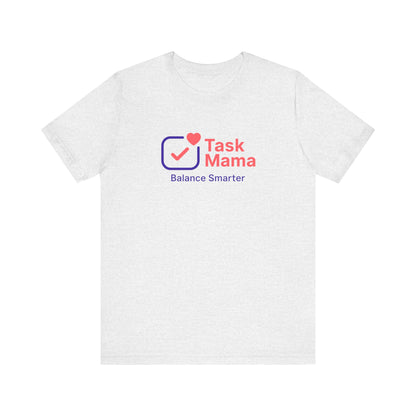 White t-shirt with 'Task Mama' logo on a white background